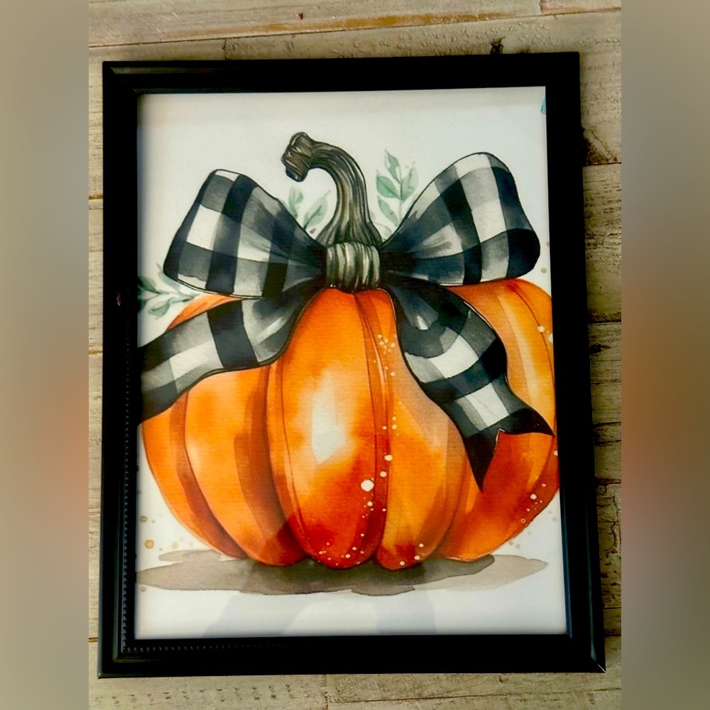 Pumpkin with paid bow framed 8x10” print